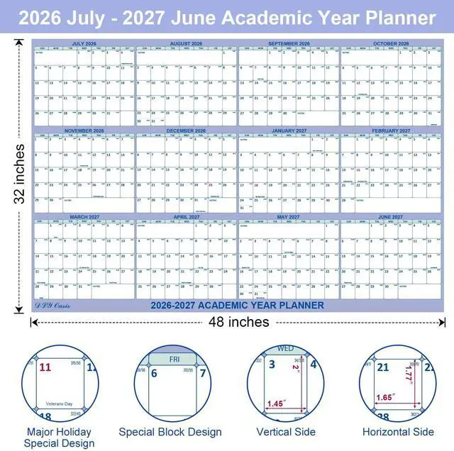 Alt view image 2 of 7 - 32" x 48" Academic Wall Calendar 2026-2027, July 2026 - June 2027 Folded Wet & Dry Erase, Large Wall Calendar 12 Month, Vertical/Horizontal Reversible, School Yearly Wall Planner with Julian Dates