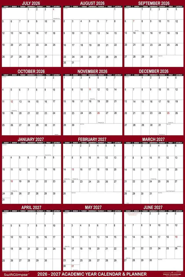 Alt view image 2 of 6 - 24" x 36" SwiftGlimpse 2026-2027 Academic Wall Calendar, Large, Wet & Dry Erase Laminated, Reversible, Yearly Planner, July 2026 to June 2027 only, Maroon