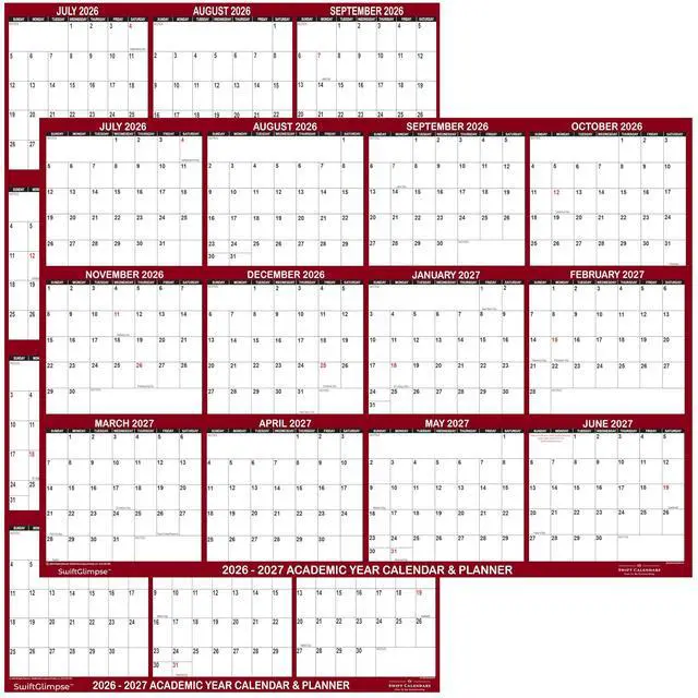 Main image of 24" x 36" SwiftGlimpse 2026-2027 Academic Wall Calendar, Large, Wet & Dry Erase Laminated, Reversible, Yearly Planner, July 2026 to June 2027 only, Maroon
