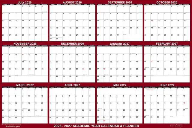 Alt view image 3 of 6 - 24" x 36" SwiftGlimpse 2026-2027 Academic Wall Calendar, Large, Wet & Dry Erase Laminated, Reversible, Yearly Planner, July 2026 to June 2027 only, Maroon