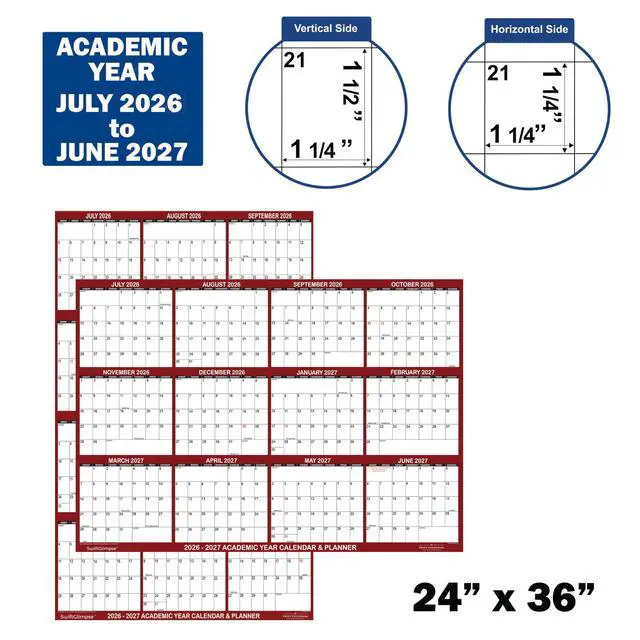 Alt view image 4 of 6 - 24" x 36" SwiftGlimpse 2026-2027 Academic Wall Calendar, Large, Wet & Dry Erase Laminated, Reversible, Yearly Planner, July 2026 to June 2027 only, Maroon