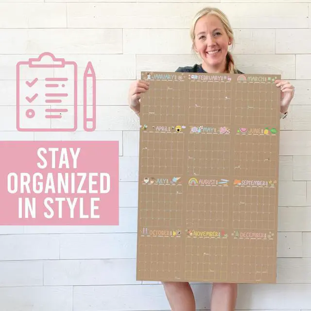 Alt view image 2 of 7 - Yearly Wall Calendar 2026 Large - 12 Month Dry Erase Calendar for Wall, Double-Sided, Reversible, Erasable, Reusable, Full Year Long Annual Planner - Kraft Pastel