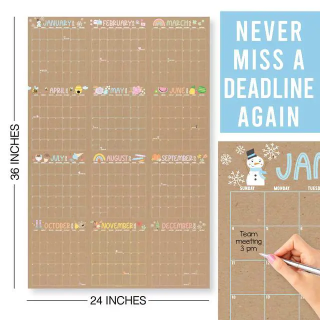 Alt view image 7 of 7 - Yearly Wall Calendar 2026 Large - 12 Month Dry Erase Calendar for Wall, Double-Sided, Reversible, Erasable, Reusable, Full Year Long Annual Planner - Kraft Pastel