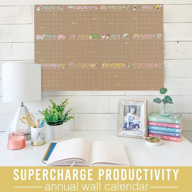 Alt view image 5 of 7 - Yearly Wall Calendar 2026 Large - 12 Month Dry Erase Calendar for Wall, Double-Sided, Reversible, Erasable, Reusable, Full Year Long Annual Planner - Kraft Pastel