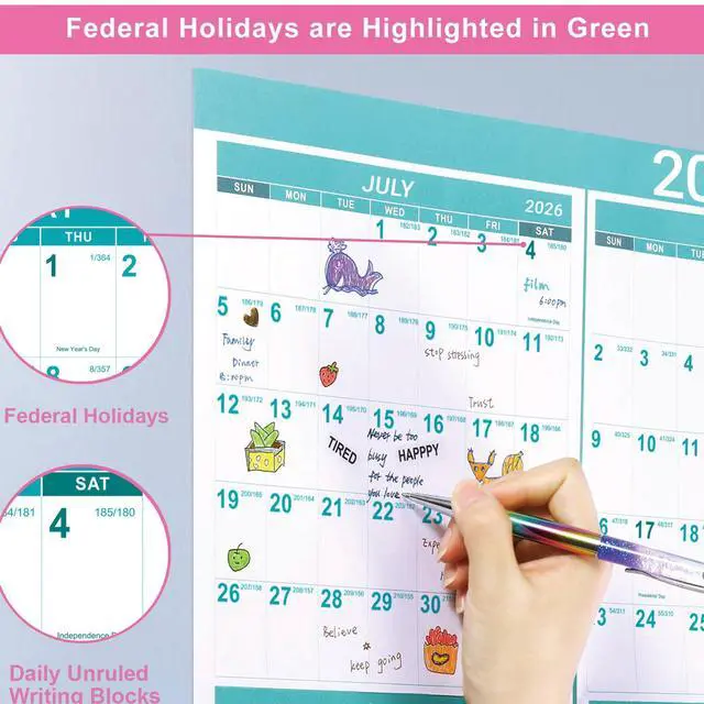 Alt view image 2 of 7 - 2026-2027 Wall Calendar - Yearly Wall Calendar 2026 with Julian Date, Jul 2026 - Jun 2027, One Page for Organizing, Premium Thick Paper, Vertical, Gift Pocket, 34.8" x 22.8" (Open)