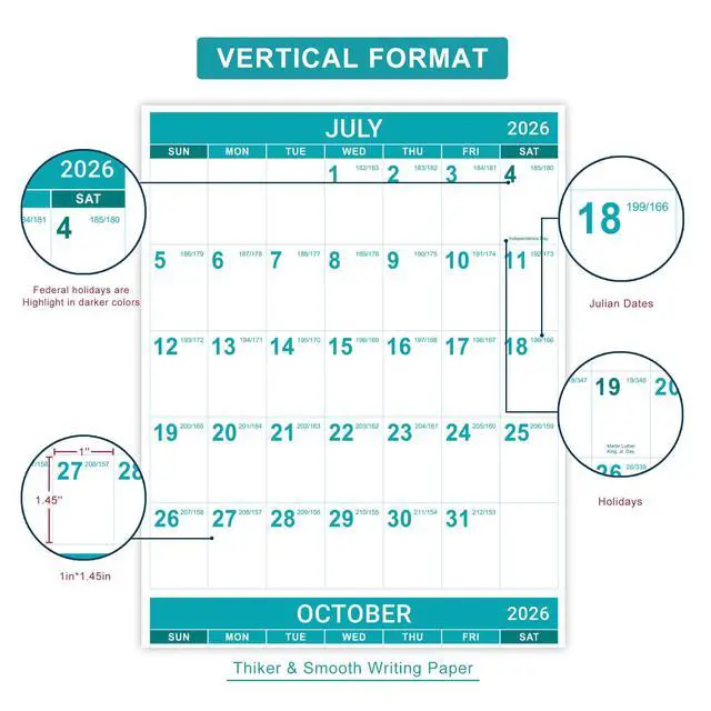 Alt view image 3 of 7 - 2026-2027 Wall Calendar - Yearly Wall Calendar 2026 with Julian Date, Jul 2026 - Jun 2027, One Page for Organizing, Premium Thick Paper, Vertical, Gift Pocket, 34.8" x 22.8" (Open)