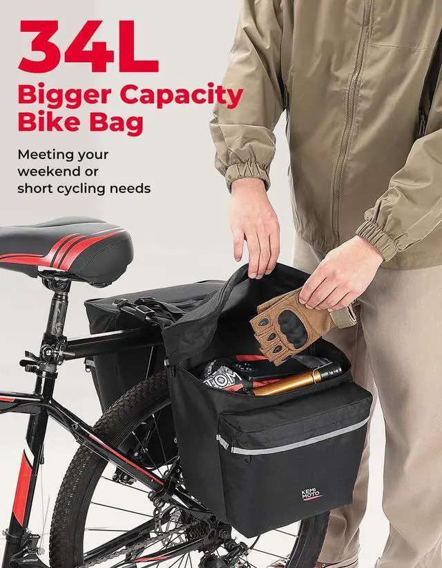 Alt view image 2 of 7 - Bike Bag Panniers with Rain Cover, 34L Waterproof Bicycle Saddle Bag for Rear Rack Mountain Biking Bags Storage, Ebike Accessories for Commuter Grocery Shopping Travel Carrier, Black