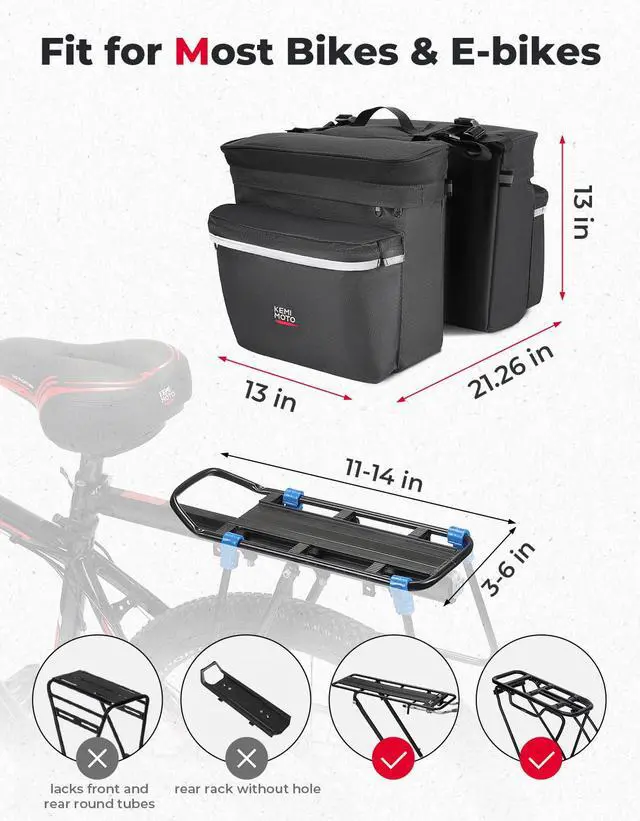Alt view image 5 of 7 - Bike Bag Panniers with Rain Cover, 34L Waterproof Bicycle Saddle Bag for Rear Rack Mountain Biking Bags Storage, Ebike Accessories for Commuter Grocery Shopping Travel Carrier, Black