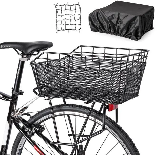 Main image of Rear Bike Basket - Large Bicycle Rear Basket with Cargo Net and Waterproof Cover, Wire Bike Baskets Rear Large Capacity (NO Bike Rack Included)
