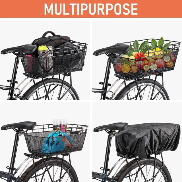 Alt view image 4 of 7 - Rear Bike Basket - Large Bicycle Rear Basket with Cargo Net and Waterproof Cover, Wire Bike Baskets Rear Large Capacity (NO Bike Rack Included)