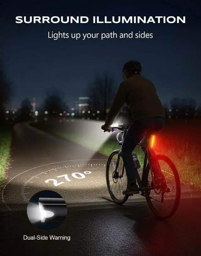 Alt view image 2 of 7 - 2026 New 1200LM Wide Angle Bike Lights for Night Riding, 3+5 Modes & IP65 Waterproof Bicycle Lights Front and Rear, Long-Lasting USB Rechargeable Sports Scooter Accessories for Men Women