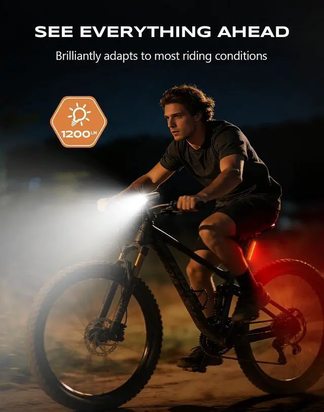 Alt view image 3 of 7 - 2026 New 1200LM Wide Angle Bike Lights for Night Riding, 3+5 Modes & IP65 Waterproof Bicycle Lights Front and Rear, Long-Lasting USB Rechargeable Sports Scooter Accessories for Men Women