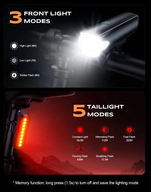 Alt view image 4 of 7 - 2026 New 1200LM Wide Angle Bike Lights for Night Riding, 3+5 Modes & IP65 Waterproof Bicycle Lights Front and Rear, Long-Lasting USB Rechargeable Sports Scooter Accessories for Men Women