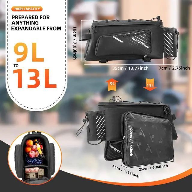 Alt view image 3 of 7 - Bike Rack Bag Bicycle Bag Trunk Rear Rack Bag Bike Panniers Bike Accessories Basket Storage Luggage Saddle Shoulder Bag 13L for E bike, Bicycle With Rain Cover Biking Accessories Gear