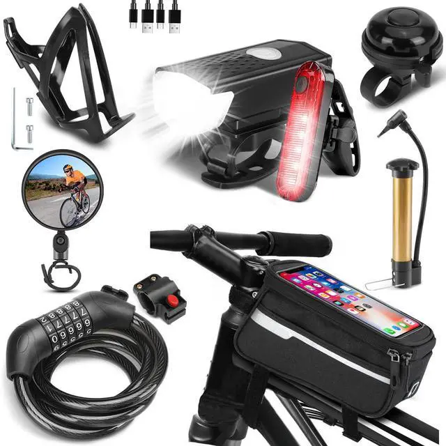 Alt view image 2 of 7 - 8 Pack Bicycle Accessories, Bike Light Set USB Rechargeable, 1 Bike Water Bottle Holder, Bicycle Bag and 1 Bike Aluminum Bicycle Bell,Pump