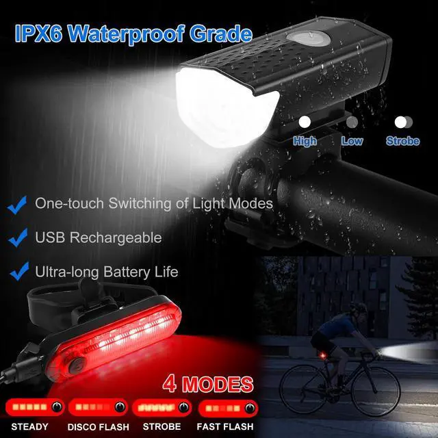 Alt view image 3 of 7 - 8 Pack Bicycle Accessories, Bike Light Set USB Rechargeable, 1 Bike Water Bottle Holder, Bicycle Bag and 1 Bike Aluminum Bicycle Bell,Pump