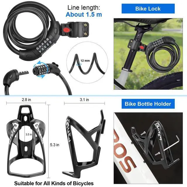 Alt view image 5 of 7 - 8 Pack Bicycle Accessories, Bike Light Set USB Rechargeable, 1 Bike Water Bottle Holder, Bicycle Bag and 1 Bike Aluminum Bicycle Bell,Pump