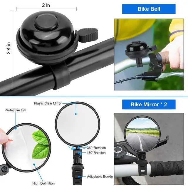 Alt view image 6 of 7 - 8 Pack Bicycle Accessories, Bike Light Set USB Rechargeable, 1 Bike Water Bottle Holder, Bicycle Bag and 1 Bike Aluminum Bicycle Bell,Pump