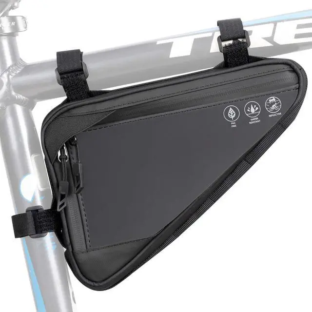 Main image of Bike Frame Storage Bag, Water Resistant Reflective Bicycle Triangle Bag with Two Side Pockets, Strap-On Under Seat Tool Accessories Pouch for Mountain Road Bike Trip (2L)