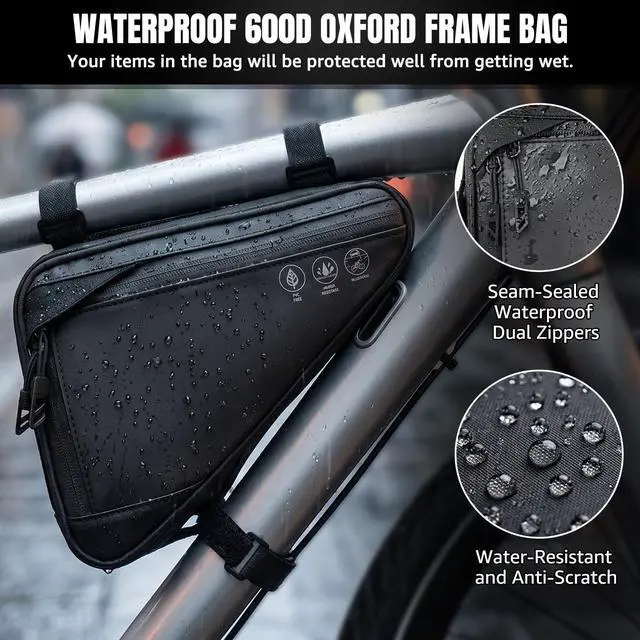 Alt view image 2 of 7 - Bike Frame Storage Bag, Water Resistant Reflective Bicycle Triangle Bag with Two Side Pockets, Strap-On Under Seat Tool Accessories Pouch for Mountain Road Bike Trip (2L)