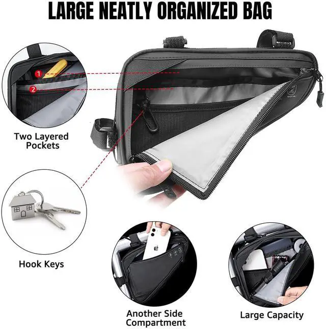 Alt view image 3 of 7 - Bike Frame Storage Bag, Water Resistant Reflective Bicycle Triangle Bag with Two Side Pockets, Strap-On Under Seat Tool Accessories Pouch for Mountain Road Bike Trip (2L)