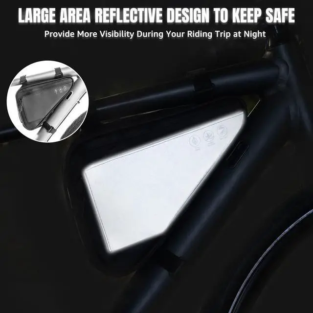 Alt view image 4 of 7 - Bike Frame Storage Bag, Water Resistant Reflective Bicycle Triangle Bag with Two Side Pockets, Strap-On Under Seat Tool Accessories Pouch for Mountain Road Bike Trip (2L)