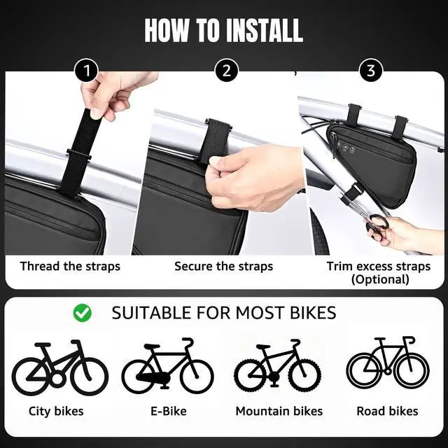 Alt view image 5 of 7 - Bike Frame Storage Bag, Water Resistant Reflective Bicycle Triangle Bag with Two Side Pockets, Strap-On Under Seat Tool Accessories Pouch for Mountain Road Bike Trip (2L)