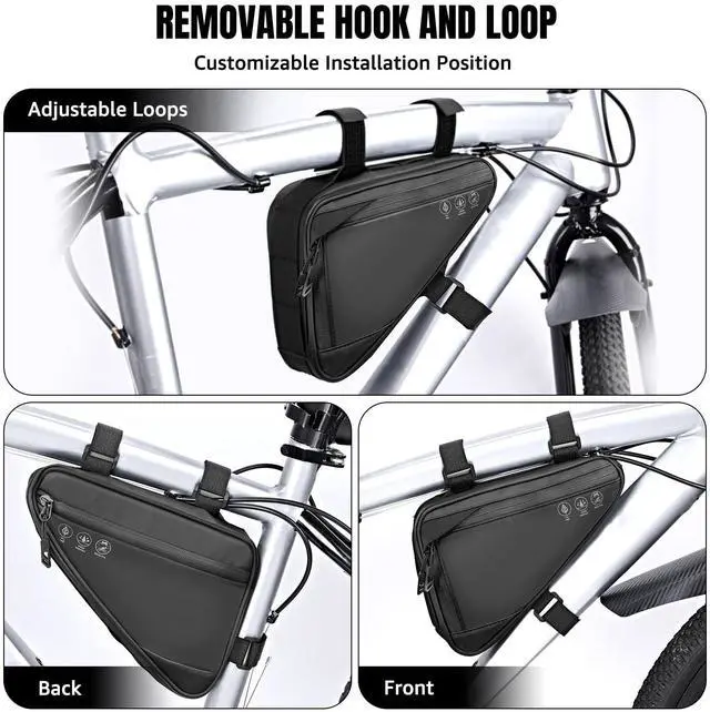 Alt view image 6 of 7 - Bike Frame Storage Bag, Water Resistant Reflective Bicycle Triangle Bag with Two Side Pockets, Strap-On Under Seat Tool Accessories Pouch for Mountain Road Bike Trip (2L)