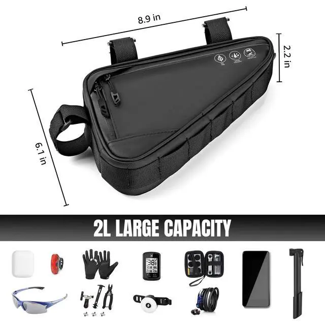 Alt view image 7 of 7 - Bike Frame Storage Bag, Water Resistant Reflective Bicycle Triangle Bag with Two Side Pockets, Strap-On Under Seat Tool Accessories Pouch for Mountain Road Bike Trip (2L)