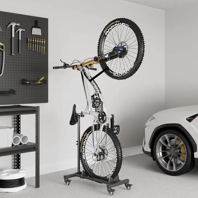 Alt view image 2 of 7 - Vertical Bike Stand, Freestanding Bike Rack Garage Storage Upright Bicycle Floor Stand Indoor Bike Holder with Adjustable Height for Garage & Apartment - for Wheels Sizes up to 29