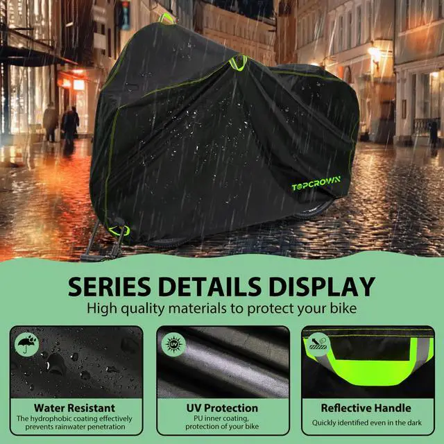 Alt view image 4 of 7 - Bike Cover Waterproof Outdoor Storage for 1/2/3 Bikes, Bicycle Cover Rain Sun UV Dust Wind Proof with Storage Bag for Mountain Road Bike/Ebike (210D Black+Green, XL Size for 1 bike)