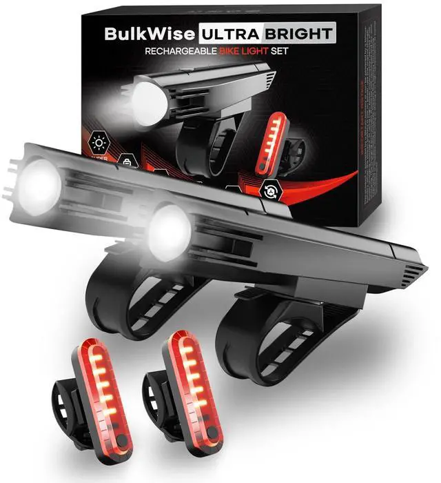 Main image of USB Rechargeable Bike Lights Powerful Bicycle Front Headlight and Back Taillight Set, Ease of Installation Bike Like Set for Night Riding Cycling Safely, 2 Set (Spare Accessories Included)
