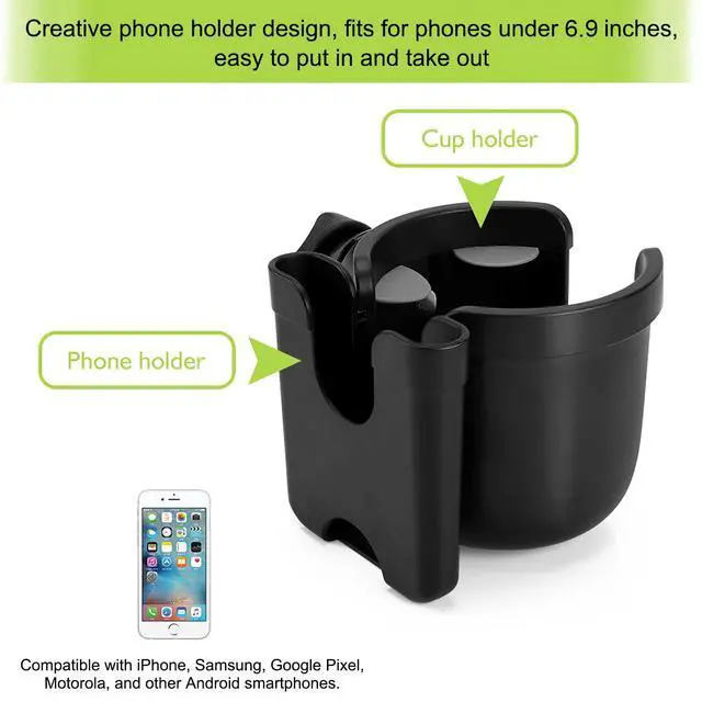 Alt view image 3 of 7 - Stroller Cup Holder with Phone Holder, Bike Cup Holder, Universal Cup Holder for Uppababy Nuna Doona Strollers, 2-in-1 Cup Holder for Walker, Wheelchair, Scooter