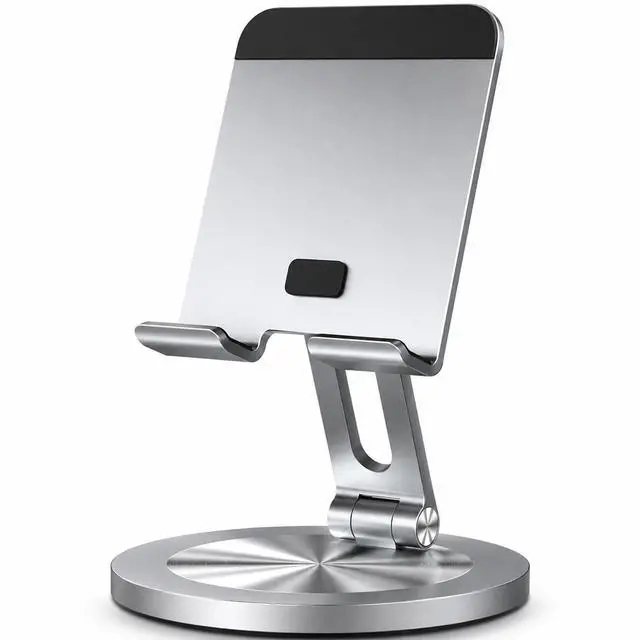 Main image of Phone Stand for Desk, 360° Rotating Dual Adjustable Foldable Holder, Heavy Solid All-Aluminum Base Anti-Slip Stable Support for Home Office Study, Fits iPhone Galaxy 4-8" Phones (Silver)