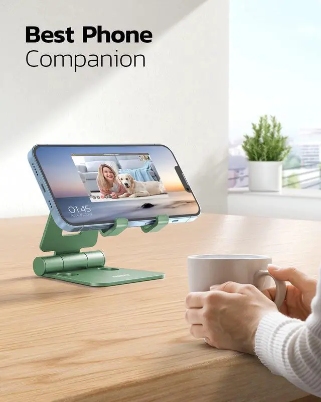 Alt view image 6 of 6 - Dual Folding Cell Phone Stand, Fully Adjustable Foldable Desktop Phone Holder Cradle Dock Compatible with iPhone 17 16 15 14 13 12 11 Pro Max Xs Xr X 8, Nintendo Switch, All Phones- Green