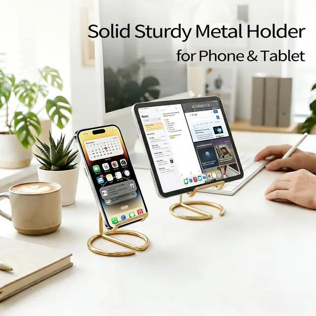 Alt view image 6 of 7 - Phone Stand for Desk, Sturdy Metal Gold-Plated Phone Stand for Office Desk, Hands-Free Phone Charging Holder for Phone Calling and Watching Videos