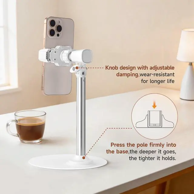 Alt view image 4 of 7 - Phone Stand for Recording Videos, Adjustable Phone Holder for Desk with Large 16cm Metal Base, 360° Rotating Overhead Mount for Live Streaming, TikTok, YouTube, Height Adjustable Phone Holder