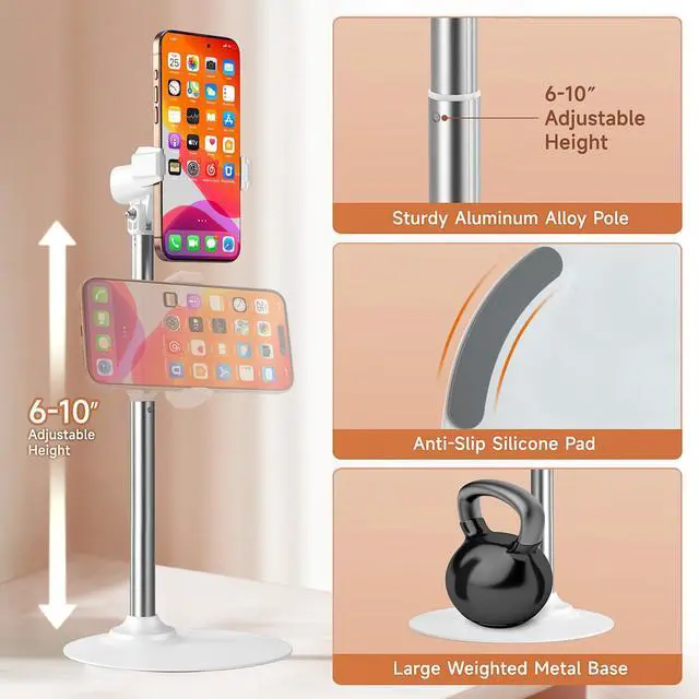Alt view image 6 of 7 - Phone Stand for Recording Videos, Adjustable Phone Holder for Desk with Large 16cm Metal Base, 360° Rotating Overhead Mount for Live Streaming, TikTok, YouTube, Height Adjustable Phone Holder