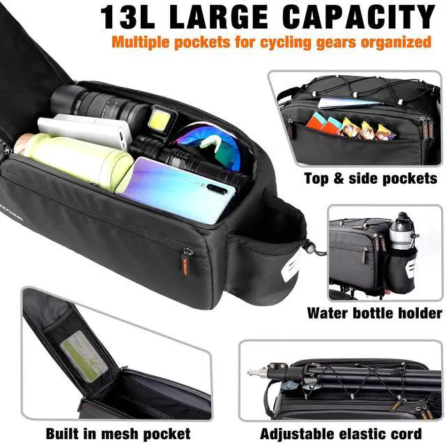 Alt view image 2 of 7 - Bike Bags for Bicycle Rear rack, 13L Supportive Bike Rack Bag Built-in Rigid side & Base Panel, Waterproof Reflective Ebike Trunk Pannier Saddle Seat Bag Carrier for Commuter Travel Outdoor