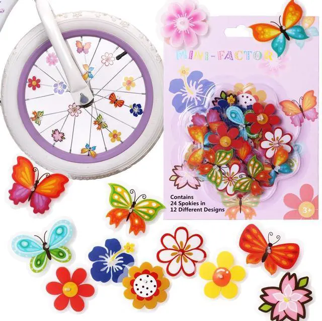Main image of Bike Wheel Spoke Decorations 24 Clip-On Flower & Butterfly Accessories Fun Bicycle Spoke Decorations for Kids, Girls, Toddlers Easy Snap-On, Colorful Bike Gifts