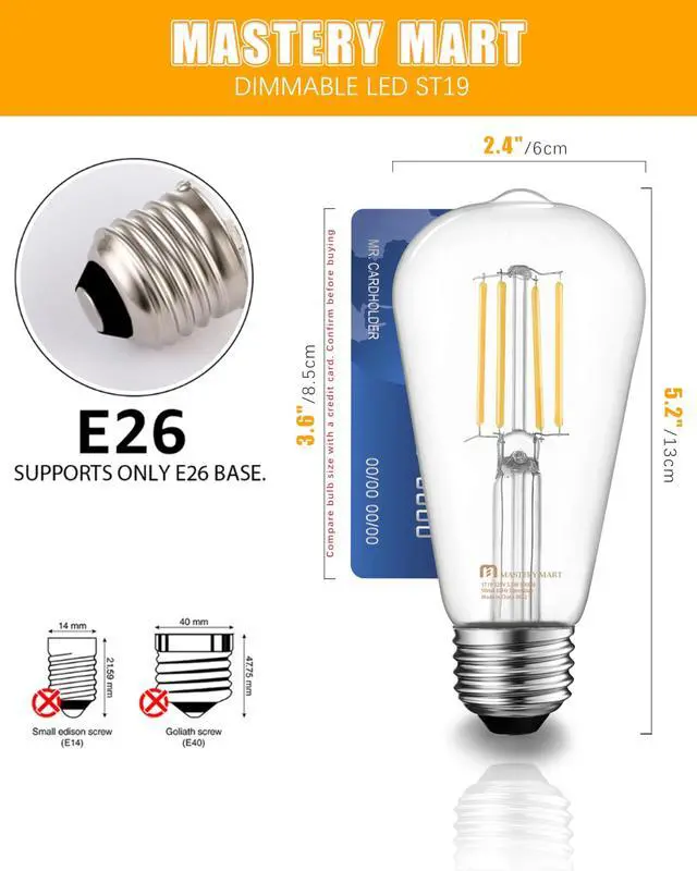 Alt view image 2 of 7 - 10 Pack Vintage Edison Bulbs, E26 Led Bulb 5.5W Equivalent to 60W, Dimmable, 2700K Soft White, High Brightness Antique ST19, Clear Glass