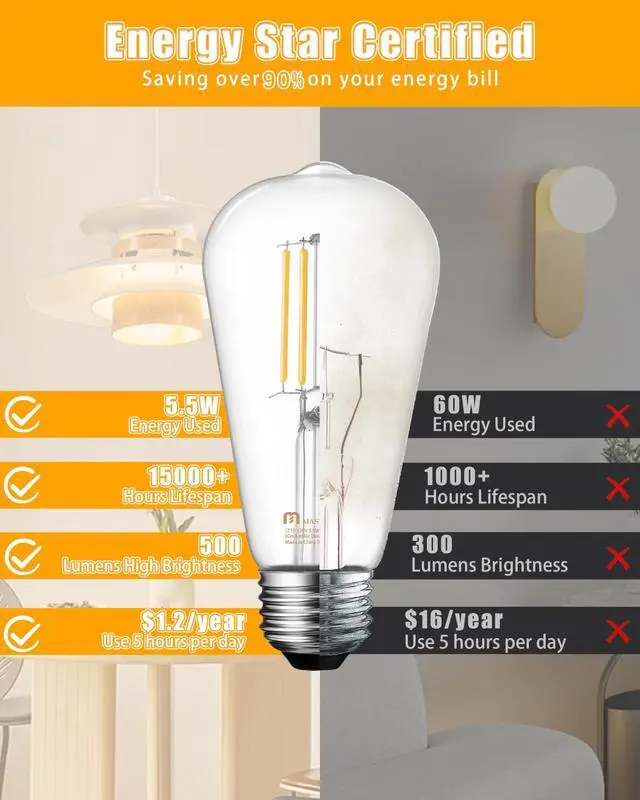 Alt view image 5 of 7 - 10 Pack Vintage Edison Bulbs, E26 Led Bulb 5.5W Equivalent to 60W, Dimmable, 2700K Soft White, High Brightness Antique ST19, Clear Glass