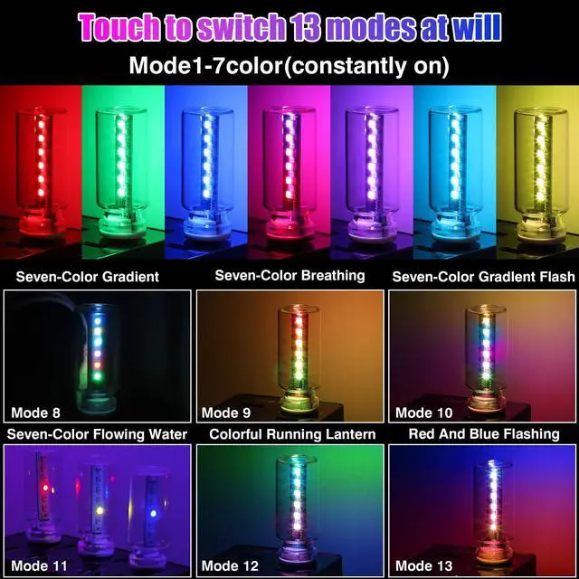 Alt view image 3 of 7 - 2PCS 13 in 1 USB Car Light, Plug in USB Interior Car Lights, Touch Control Mini Glass Bottle Night Lamp with 13 Modes & 7 Colors, Mini LED Bulb Night Light Ambient Lighting for Auto Bedroom Decoration