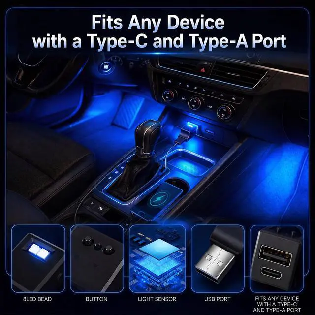 Alt view image 2 of 6 - 2 Pcs Car USB LED Lights with Dual Charging Ports Type-A and Type-C Mini Type A Interior Atmosphere Light 5V/2A Smart USB Light, Button Control Night Lamp for Car Suv Truck Laptop Office Decor