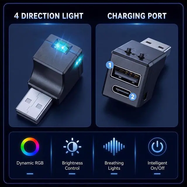 Alt view image 3 of 6 - 2 Pcs Car USB LED Lights with Dual Charging Ports Type-A and Type-C Mini Type A Interior Atmosphere Light 5V/2A Smart USB Light, Button Control Night Lamp for Car Suv Truck Laptop Office Decor