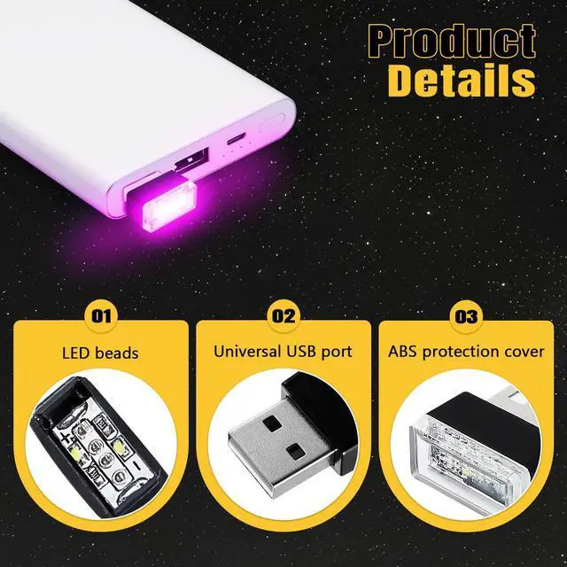 Alt view image 3 of 6 - 4PCS USB LED Car Interior Atmosphere Lamp, Plug-in USB Interface Decor Lighting Kit, Portable Mini LED Ambient Night Light, Universal Car Accessories Ambient Light (Purple)