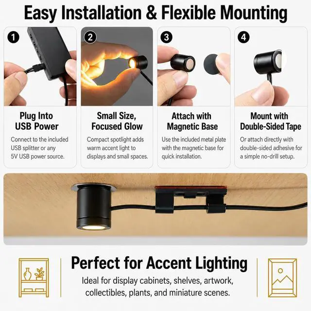 Alt view image 4 of 7 - Mini LED Spotlights, USB Powered Small Spotlight Display Lights, Accent Lighting for Artwork, Paintings, Jewelry, Display Cases, handicrafts, Models, Toys, Puzzles (Warm White, 5 Pack)