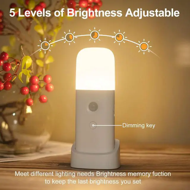 Alt view image 2 of 7 - Motion Sensor Night Light, 2000mAh Rechargeable Night Lights Battery Powered, Portableimmable Nightlights with 5 Brightness Levels for Kids,Adults (Warm White 2Pack)
