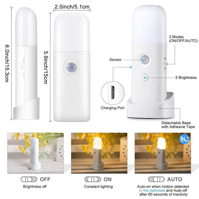 Alt view image 7 of 7 - Motion Sensor Night Light, 2000mAh Rechargeable Night Lights Battery Powered, Portableimmable Nightlights with 5 Brightness Levels for Kids,Adults (Warm White 2Pack)