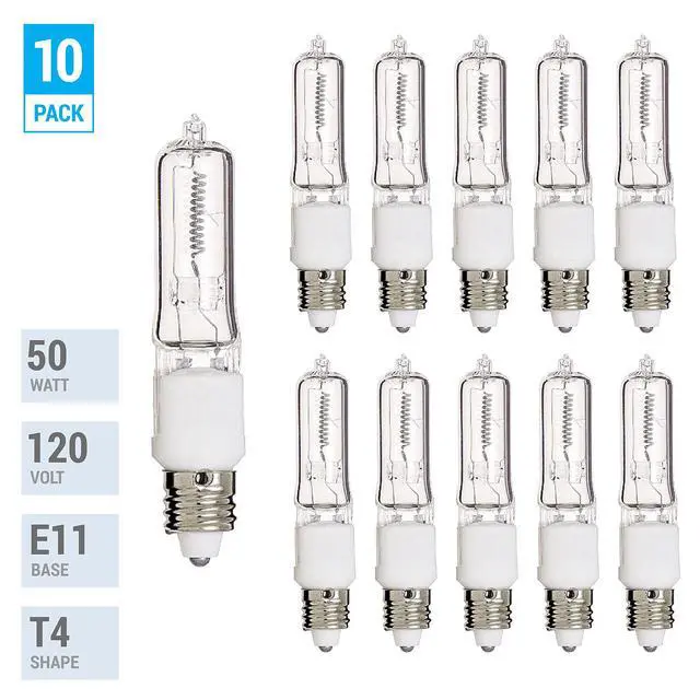 Alt view image 2 of 5 - (Pack of 10) Q50CL/MC - 50 Watt JD T4 E11 Mini Candelabra Base 120V Clear Light Bulbs
